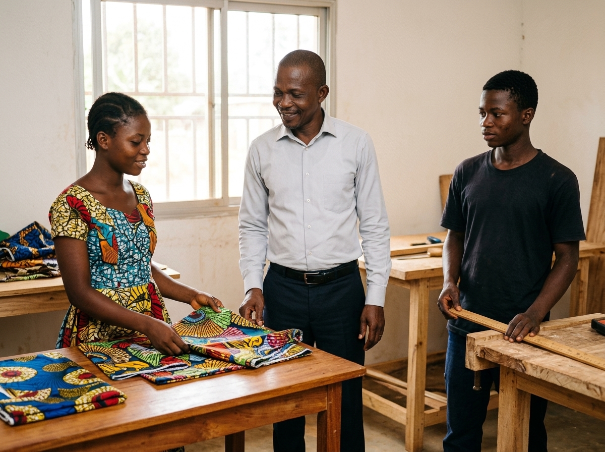 BANGDA ALIM Jean Calvin visitant un atelier de jeunes apprentis artisans
